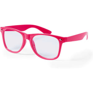Bright pink sunglasses with a sleek design and transparent lenses. Includes a logo on the frame.