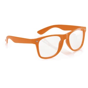 Orange sunglasses with a square frame, featuring clear lenses and a logo on the side.