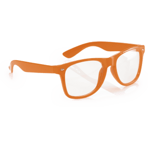 Orange sunglasses with a modern frame design, featuring a logo on the side.