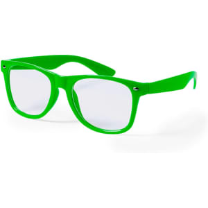 Green sunglasses with clear lenses and a glossy finish, featuring a logo on the side.