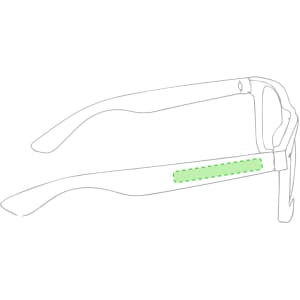 A pair of sunglasses featuring green accents on the frame, with a logo present on the side.