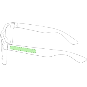 A pair of sunglasses featuring a green accent on the side, with a sleek design and a logo on the frame.