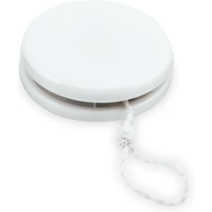 A white yoyo with a string attached, featuring a simple circular design and a logo on the surface.