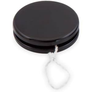 A black yo-yo with a white string attached, featuring a smooth, circular design and a simple, minimalist look.