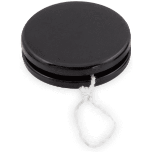 A black yoyo with a string attached, featuring a smooth, round surface and a classic design.