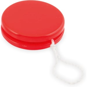A red yo-yo with a white string, featuring a smooth, circular design and a logo on its surface.