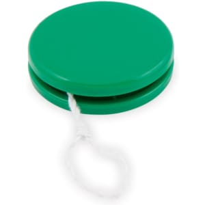 A green yo-yo with a white string attached, featuring a smooth and rounded design.