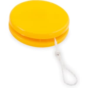A yellow yoyo with a string attachment, featuring a circular design and a smooth finish.