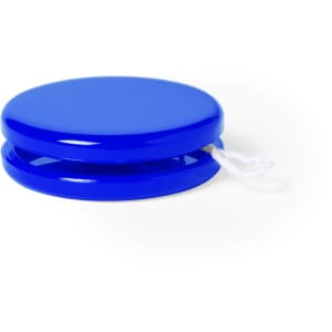 A blue yo-yo with a glossy finish and a white string. It has a round, two-part design and features a branding logo.