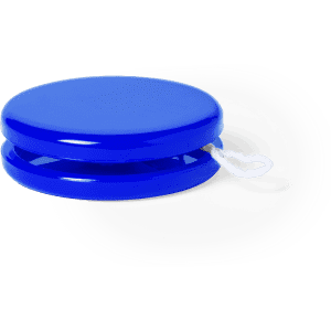 A blue yoyo with a smooth, glossy finish and a string attached. It features a logo on its surface.