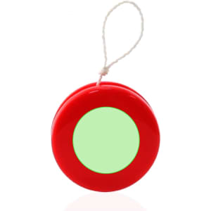 A red yoyo with a green centre and a white string for easy handling. Features branding on the surface.