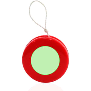 A red yo-yo with a green circular design in the centre. It features a string attachment for easy play.