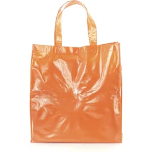 An orange reusable grocery bag with two handles and a shiny finish. The bag has a simple design and features a logo.