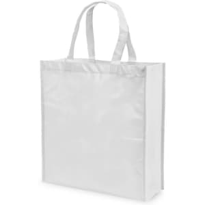 A reusable grocery bag in a simple design, featuring a glossy white exterior and two sturdy handles.