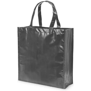 A black reusable grocery bag with two handles and a glossy finish, featuring a branding logo.