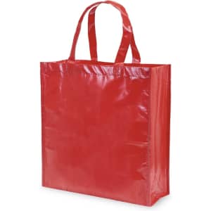 A red reusable grocery bag with sturdy handles and a shiny finish, featuring a logo.