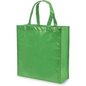 A bright green reusable grocery bag with two handles and a glossy finish. It features a simple design and has a logo.