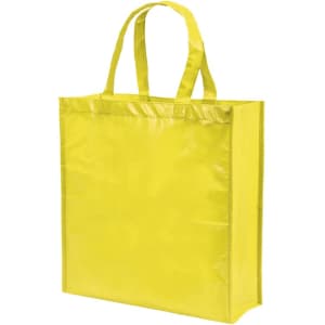 A yellow reusable grocery bag with sturdy handles and a glossy finish, featuring a logo on one side.