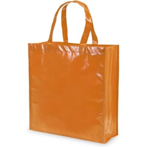 An orange reusable grocery bag with sturdy handles and a glossy finish, featuring a branding logo.