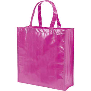 A bright pink reusable grocery bag with two handle straps and a glossy finish. Features branding on the side.
