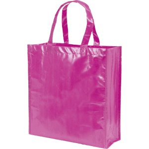 A shiny pink reusable grocery bag with two handles and a glossy finish, featuring a logo.
