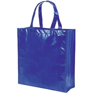 A blue reusable grocery bag with two handles and a shiny finish, featuring a logo on one side.