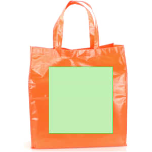 An orange reusable grocery bag with two handles and a blank green square panel.