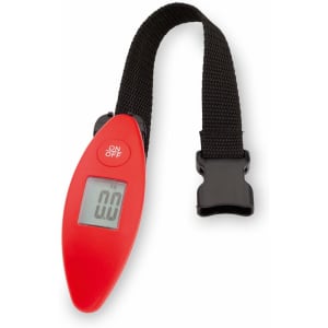 A red luggage scale with a digital display and a black strap. It features an on/off button.