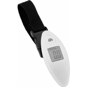 A white luggage scale with a digital display and a black strap. It features a simple on/off button.
