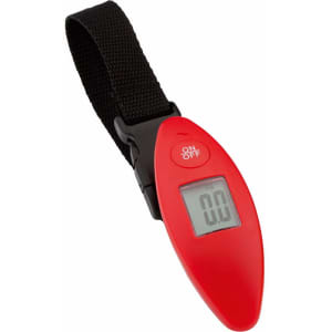 A red luggage scale with a digital display and a black strap. Features an on/off button.