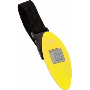 A yellow digital luggage scale with a black strap. The scale features a large digital display.