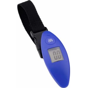 A blue digital luggage scale with a black strap and a digital display. It features an on/off button.