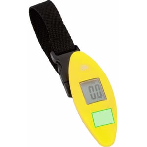 A yellow digital luggage scale with a black strap and an LCD display. Features a branding logo on the surface.
