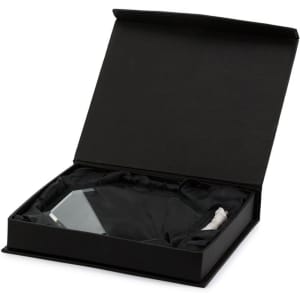 A crystal plaque displayed in a black gift box with a soft interior lining. The box has a sleek, elegant design.