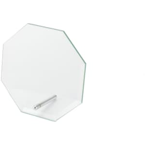 A clear octagonal glass plaque with a metal stand, designed for awards and trophies.