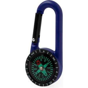 A blue carabiner with a built-in compass featuring a black and green face indicating cardinal directions.