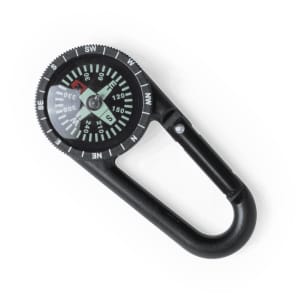 A black carabiner with an integrated compass, featuring a circular face with directional markings.