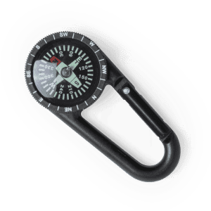 A black carabiner featuring a built-in compass, designed for outdoor activities.