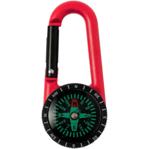 A red carabiner with a built-in compass, featuring a black base and green directional markings.