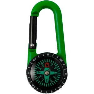 A green carabiner with an integrated compass, featuring a black dial marked with cardinal directions. It has a logo on it.