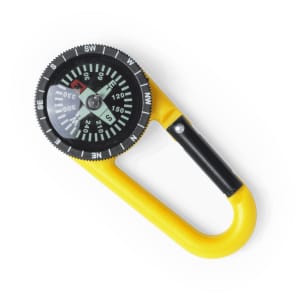 A yellow carabiner with a black compass attached, featuring directional markings and a logo.