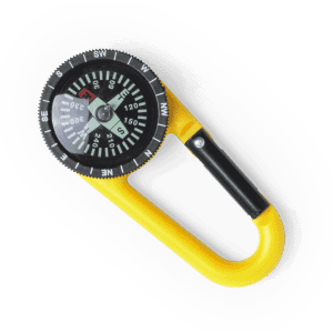 A yellow carabiner-style keyring featuring a compass. It has a black dial with directional markings.