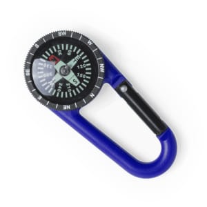 A blue carabiner with an integrated compass, featuring a black and green compass dial and measurement markings.