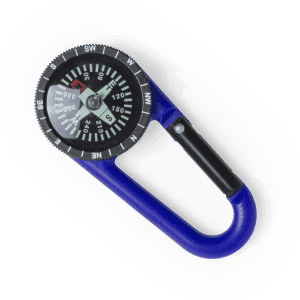 A blue carabiner with a built-in compass, featuring a black dial with directional markings.