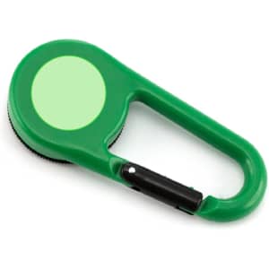 A green carabiner tool with a circular section, featuring a black clip for attachment.