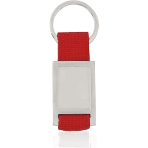 A metallic keyring with a rectangular silver tag and a red fabric strap. The keyring features a logo.