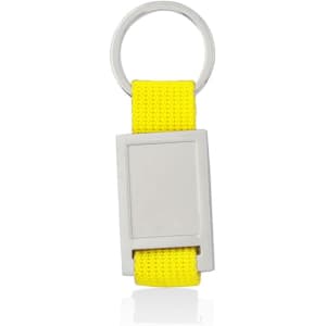 A silver keyring with a rectangular metal tag and a bright yellow fabric strap.
