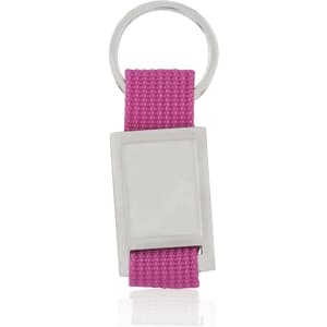 A pink keyring with a metal attachment, featuring an empty rectangular area for customisation.