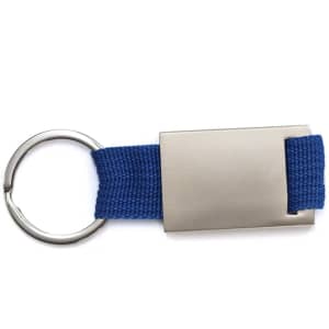 A metal keyring with a blue fabric strap, featuring a simple rectangular design and a circular keyring attachment.