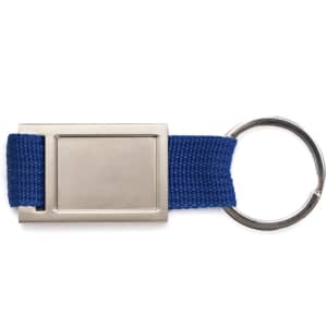 A blue strap keyring with a metal rectangular pendant and a round keyring attachment.